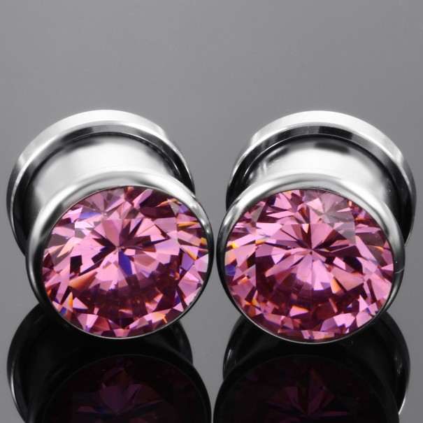 Stalen plug met steen roze 10 mm