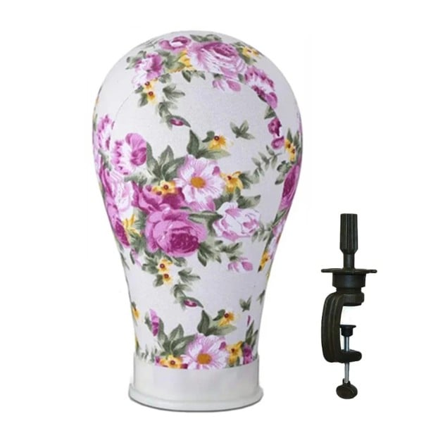 Stând de peruci cu suport pentru masă, circumferința capului 55,88 cm, model floral cu motive de trandafiri pentru saloane de coafură și utilizare 1