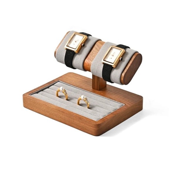 Ständer für 2 Uhren mit Ringorganizer 15,5 × 12 × 2 cm Holzständer mit Kissen aus Kunstleder und Mikrofaser-Einlage 1