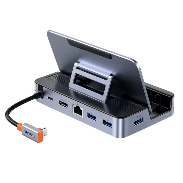 Stație de andocare 6 în 1 pentru Steam Deck și Nintendo Switch, 13,5 x 8,6 x 3 cm, HDMI 4K 60Hz, USB-C PD, 100W, USB 3.0 RJ45, 1000 Mbps, unghi 1