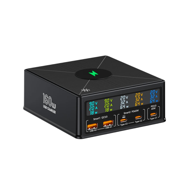 Stație de încărcare de birou 160W 116 x 126 x 46 cm cu 5 porturi USB PD 65W QC3.0 și încărcare wireless de 15W cu display LED pentru laptopuri, telefoane, tablete, priză EU 1