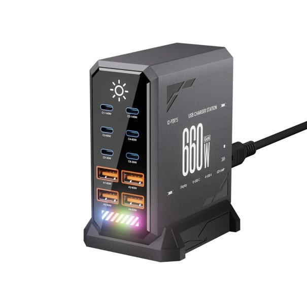 Station de charge GaN 660W 72 x 90 x 118 mm 10 ports USB-C et USB-A PD3.1 PD3.0 PPS chargeur rapide avec lumière LED changeante prise EU HW18 violet
