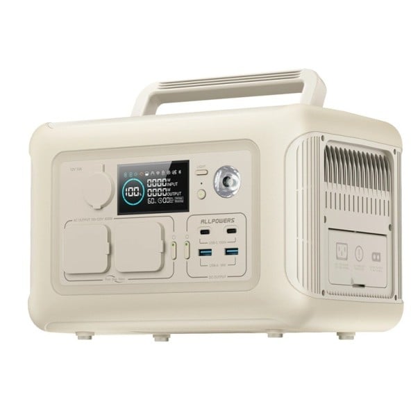 Station de charge portable 299 Wh LiFePO4 600 W UPS LED lumière 2x AC USB-C Prise allume-cigare Charge sans fil 3500+ cycles Application 28 x 19 blanc