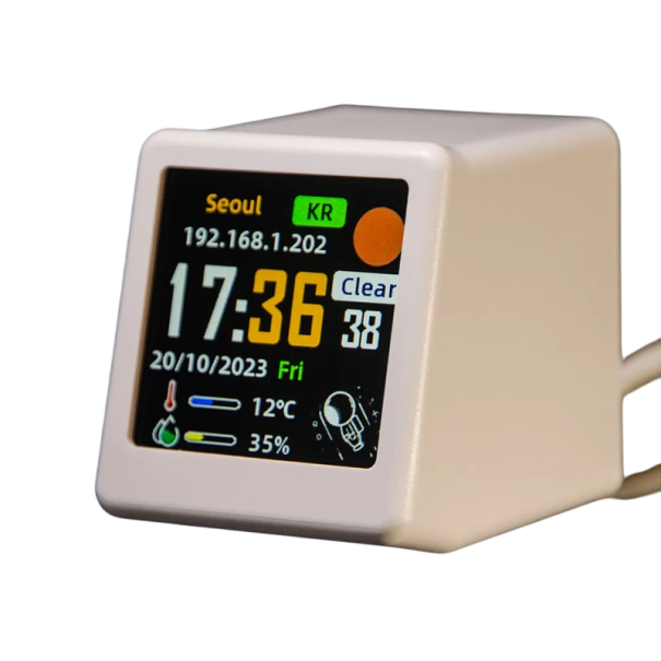 Station météo WiFi intelligente 4,5 x 3,5 x 4 cm Écran couleur Météo actuelle et humidité Température extérieure Alimentation USB GIF animé Sans batterie blanc