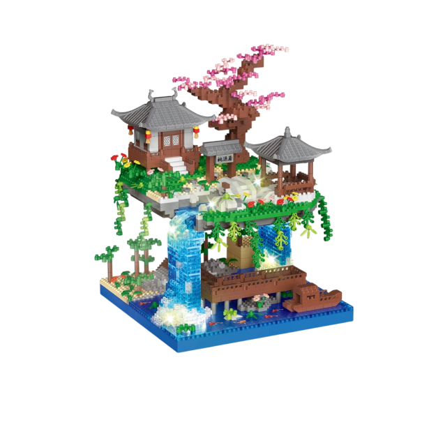 Stavebnice chrámový vodopád 22 x 18 x 18 cm Pagoda s altánem Strom s růžovými květy Dvoupatrová scenérie s lodí a jezírkem Dekorační model 1