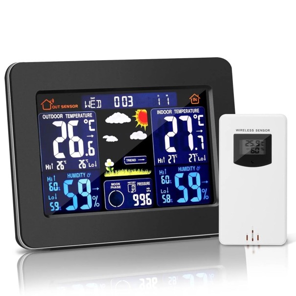 Stazione meteorologica con display LCD 16,5 x 12,5 cm Termometro interno ed esterno Igrometro Sveglia con ripetizione Previsione del tempo Alimentazione USB 1