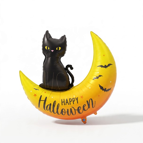 Stehender aufblasbarer Ballon Mond mit schwarzer Katze Happy Halloween 75 x 78 cm Gelb Orange und Schwarz Halloween Dekoration für das Haus 1