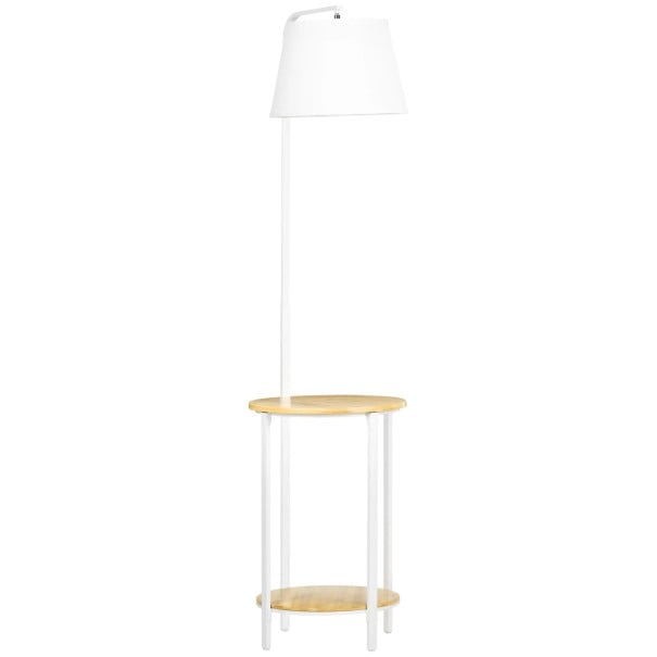 Stehlampe mit Ablagetisch weiß 162 cm metallische Konstruktion mit Bambusregalen und textiler Schirm und Fußschalter