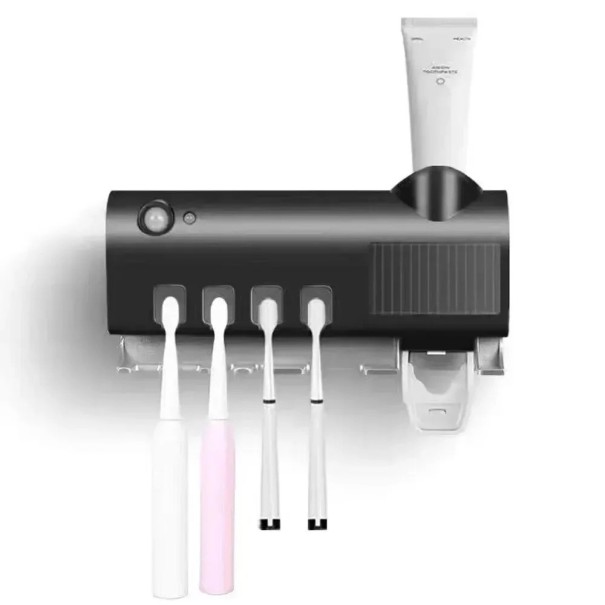Sterilizator de periuță de dinți UV montat pe perete cu suport pentru pastă cu energie solară, organizator de baie cu instalare fără găurire negru