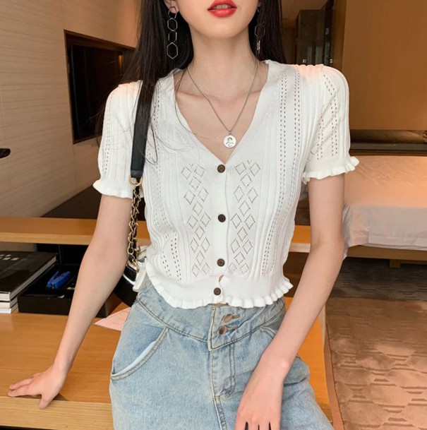 Stickad crop top för damer A2333 vit