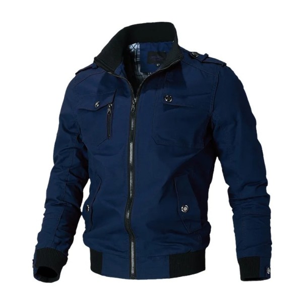 Stijlvolle, lichtgewicht herenjas met ritssluiting, manchetten en zakken. Elegante overgangsjas met kraag voor gebruik in de stad en in de vrije tijd. Lentejas. blauw XL