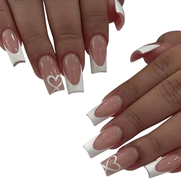 Stilfulde lange kunstige negle 24 stk til kvinder og piger Fransk manicure med hjerte motiv DIY sæt med fil og lim til hjemme- og salonbrug 1