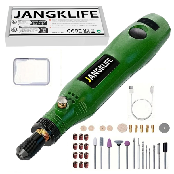 Stilou de gravat rotativ wireless USB 15 cm 3 viteze 3000–15000 rpm Set de 37 accesorii Polizoare Burghie Discuri de tăiere Metal verde