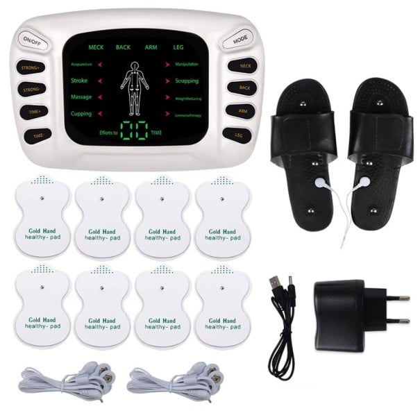Stimulator electric de masaj TENS EMS 8 moduri 4 programe pentru corp alb cu papuci și 8 electrozi masaj acupunctural pentru dureri