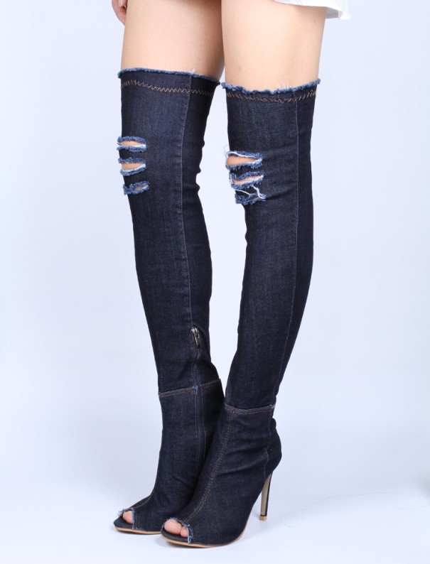 Stivali da donna in denim con strappi J2362 blu scuro 40