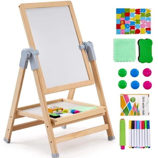 Stojací magnetická kreslicí tabule s nastavitelnou výškou 32,5x97 cm dřevěná pro děti s magnetickými písmeny, fixy a příslušenstvím 1