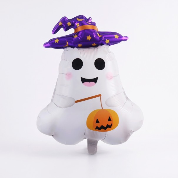 Stojący nadmuchiwany balonik Duch z czarodziejskim kapeluszem i dynią 48 x 67 cm Biały fioletowy i pomarańczowy Dekoracja Halloweenowa do domu 1
