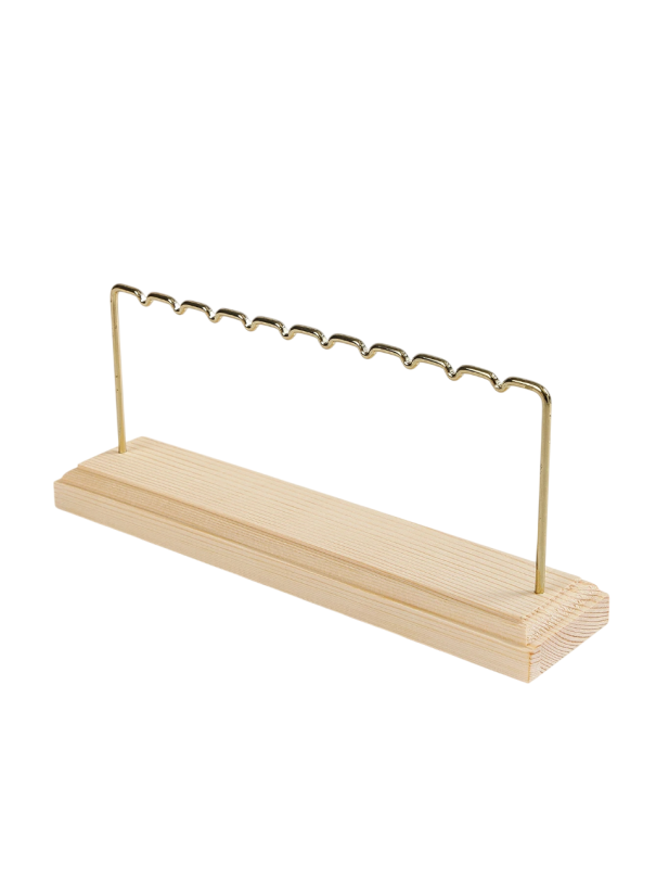 Stojak na kolczyki z drewnianą podstawą 22 × 12 × 5 cm metalowy uchwyt na biżuterię z wycięciami stacjonarny organizer do ekspozycji kolczyków 1