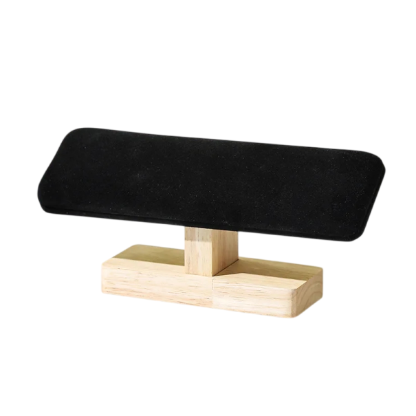 Stojan per bracciali e orologi T-bar 19,5 × 8,5 × 5 cm supporto in legno con cuscinetto in velluto per esposizione di bracciali e orologi nero