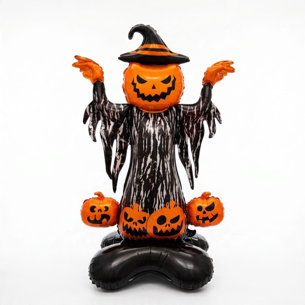 Stojící nafukovací balónek Strašidlo s dýňovou hlavou a čarodějnickým kloboukem Se 4 dýněmi Oranžový a černý Halloweenská dekorace 1