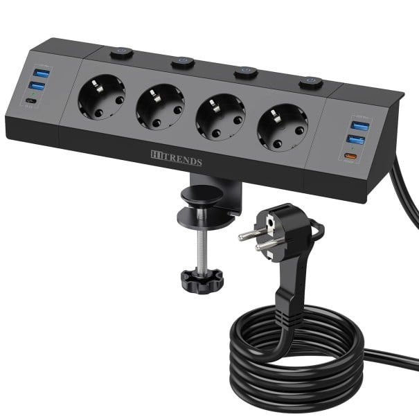 Stolná predlžovacia zásuvka s upínacím držiakom 29,7×7,5×6 cm PC+ABS 4×USB-A 2×USB-C 250 V 3250 W pre pracovný stôl čierna