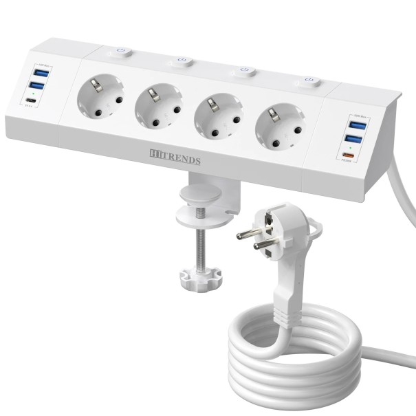 Stolná predlžovacia zásuvka s upínacím držiakom 29,7×7,5×6 cm PC+ABS 4×USB-A 2×USB-C kábel 3 m 250 V 3250 W pre stôl biela