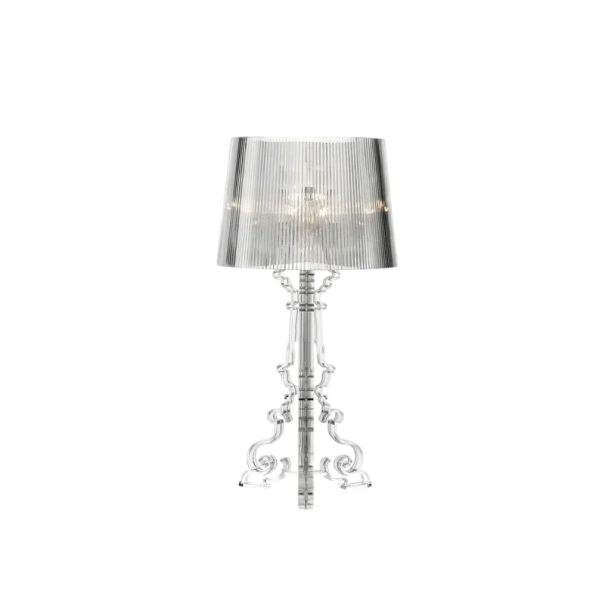 Stolní lampa z akrylu s ornamentální základnou, 71 x 38 cm, 3 patice E14, teplé bílé světlo, průhledná, do obývacího pokoje a ložnice průhledná