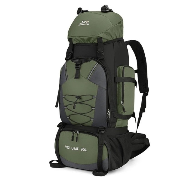 Stor kapacitet vandrerygsæk 90 l med frontsnøring 87 x 35 x 22 cm Side lommer og hoftebælte Til trekking ekspeditioner og camping grøn