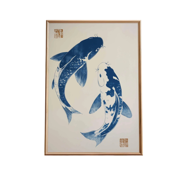 Stor vægplakat to koi karper japansk motiv 50 × 70 cm tryk på lærred blå hvid mønster dekoration til interiøret uden ramme 1