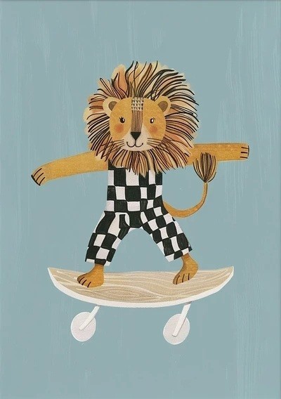 Stort barnplakat 50 x 70 cm Tecknad lejon på skateboard Canvastryck för vägg Utan ram Vertikal bild dekoration 1