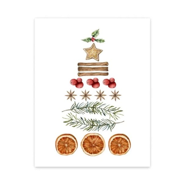 Stort juleplakat til væggen med krydderier i form af et træ 40 × 60 cm tryk på lærred hvid baggrund med naturlige nuancer uden ramme 1