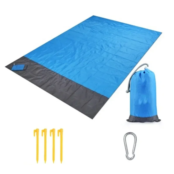Strandlaken 200 x 140 cm Waterdicht en zandbestendig Opvouwbaar met tas Bevestigingspinnen en karabijnhaak Lichtgewicht reislaken blauw