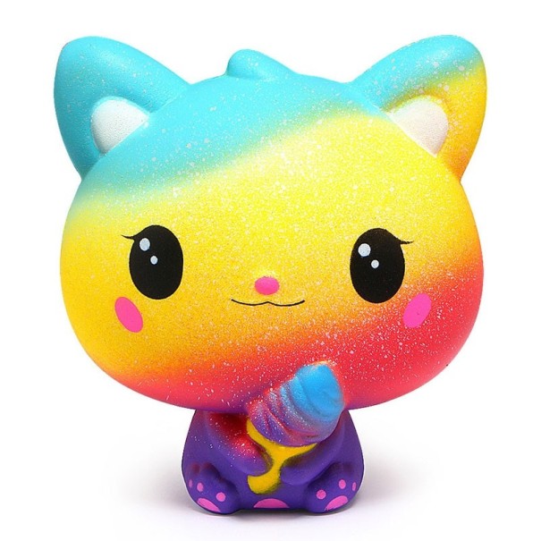 Stress Relief Squeeze Toy Cat with Ice Cream Rainbow Colours with Tiny Dots Big Eyes and Pink Cheeks Material PU 11 x 10.5 cm 1