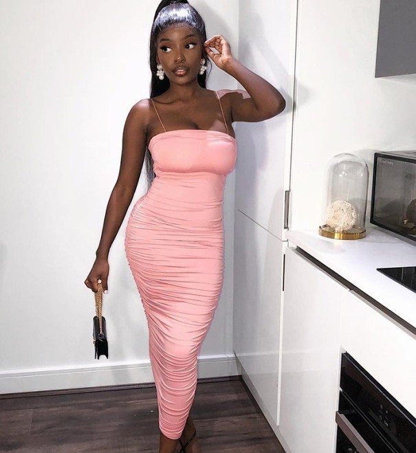 Stretch midikjole med stropper rosa XS