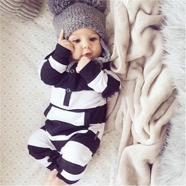 Stribet babyjumpsuit - Sort og hvid 6-9 måneder