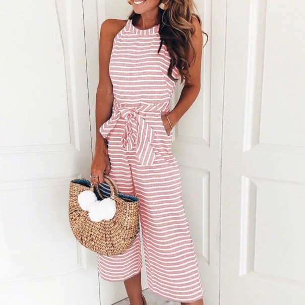 Stribet damejumpsuit med bindebånd i taljen rosa M