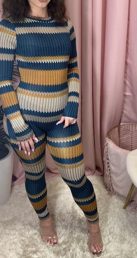 Stribet damejumpsuit med lange ærmer okker XL