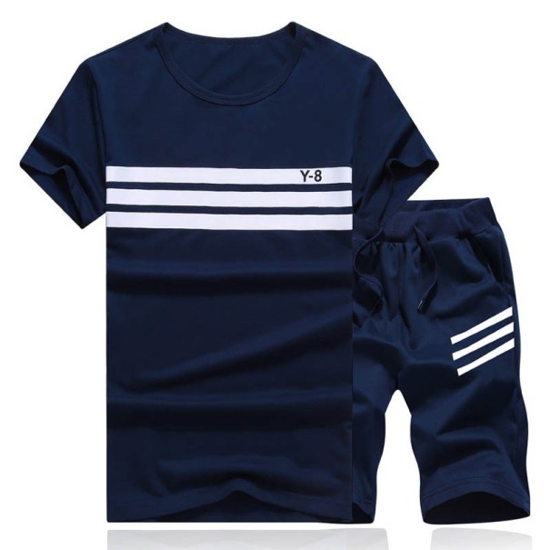 Stribet herresæt - T-shirt og shorts J979 mørkeblå L