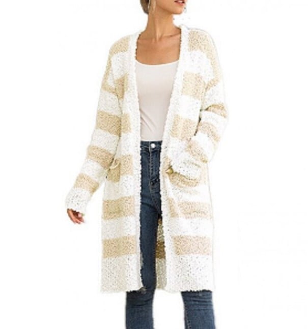 Stribet, shaggy cardigan til kvinder beige XL