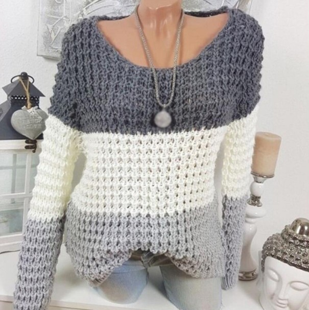 Stribet strikket sweater til kvinder mørkegrå XXL