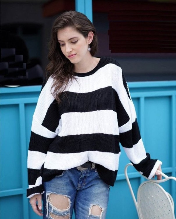 Stribet sweater til kvinder B49 sort L
