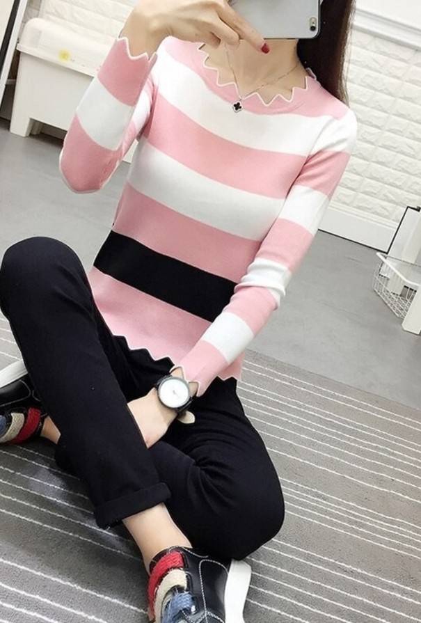 Stribet sweater til kvinder G276 rosa