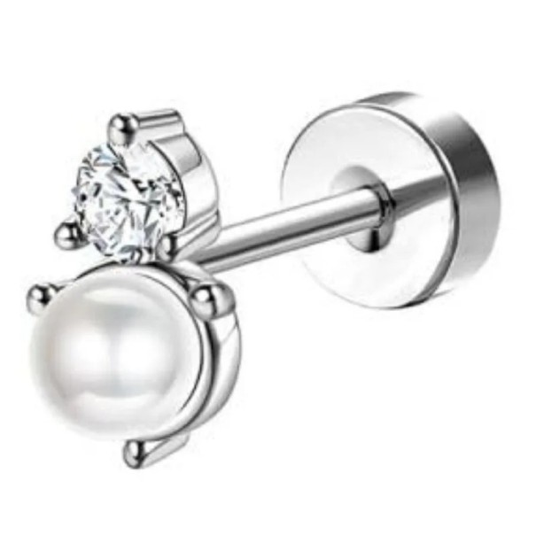 Stříbrná piercing náušnice perla s kamenem 0,8 mm x 6 mm x 10 mm chirurgická nerezová ocel pro citlivé uši 1