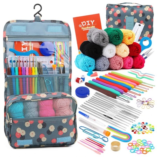 Strick- und Häkelset mit Tasche Bunte Garne Nadeln Häkelnadeln Scheren Marker DIY Nähwerkzeuge Webzubehör für Handarbeiten