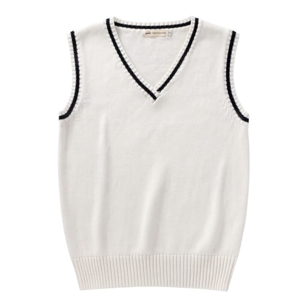 Strickweste mit V-Ausschnitt und dekorativem Streifen an den Ausschnitten und Armöffnungen mit breitem geripptem unteren Saum unisex weiß XS