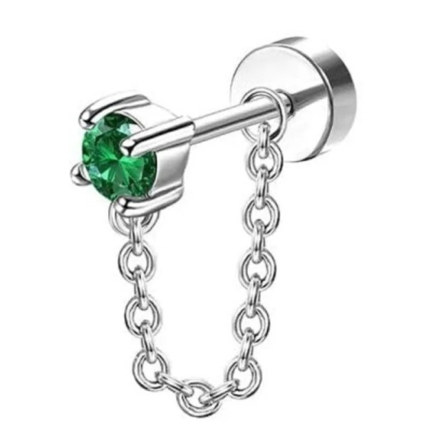 Strieborný piercing so zeleným diamantom a retiazkov 0,8 mm x 6 mm x 10 mm z chirurgickej nerezovej ocele pre citlivé uši 1