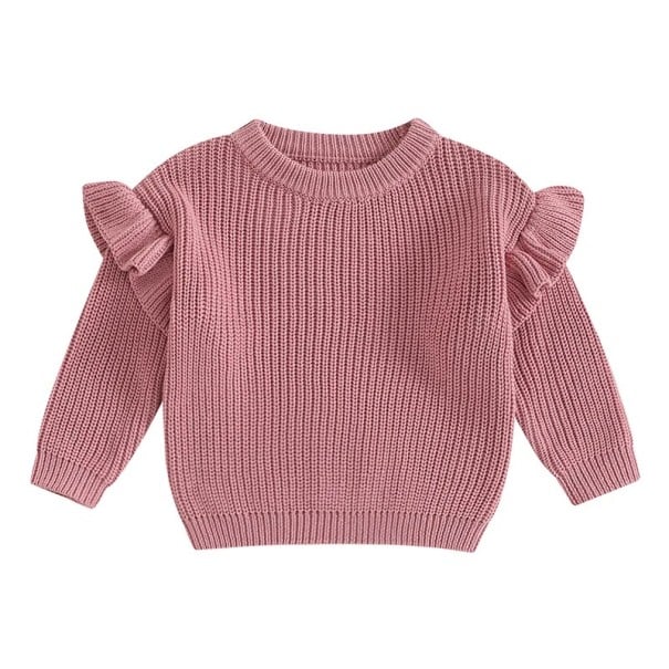 Strikket baby sweater med flæser til nyfødte Bomuld og akryl Langærmet Ensfarvet løs top med rund hals O-neck til piger mørkerosa 12-18 måneder
