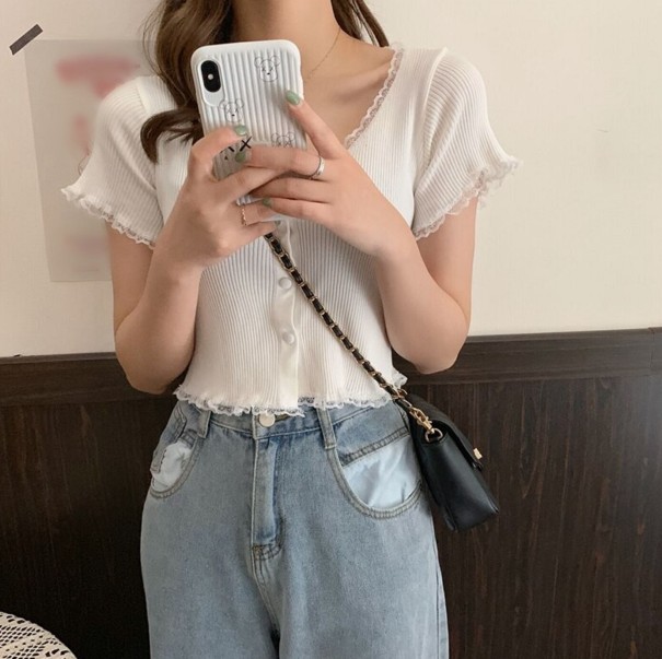 Strikket crop top med knapper til kvinder hvid