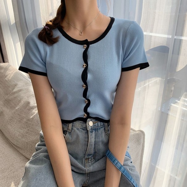 Strikket crop top til kvinder A2987 lyseblå