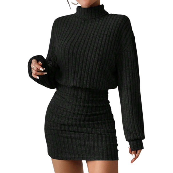 Strikket minikjole med rullekrave Ribbet sweaterkjole med lange ærmer Elegant tætsiddende strikkjole til efterår og vinter sort XS